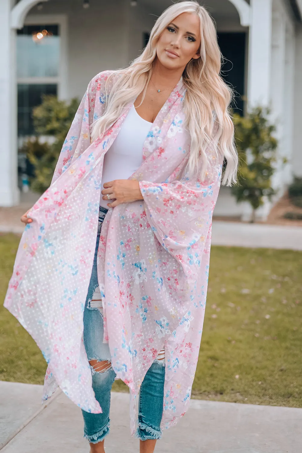 Pink Floral Dot Print Open Front Kimono
