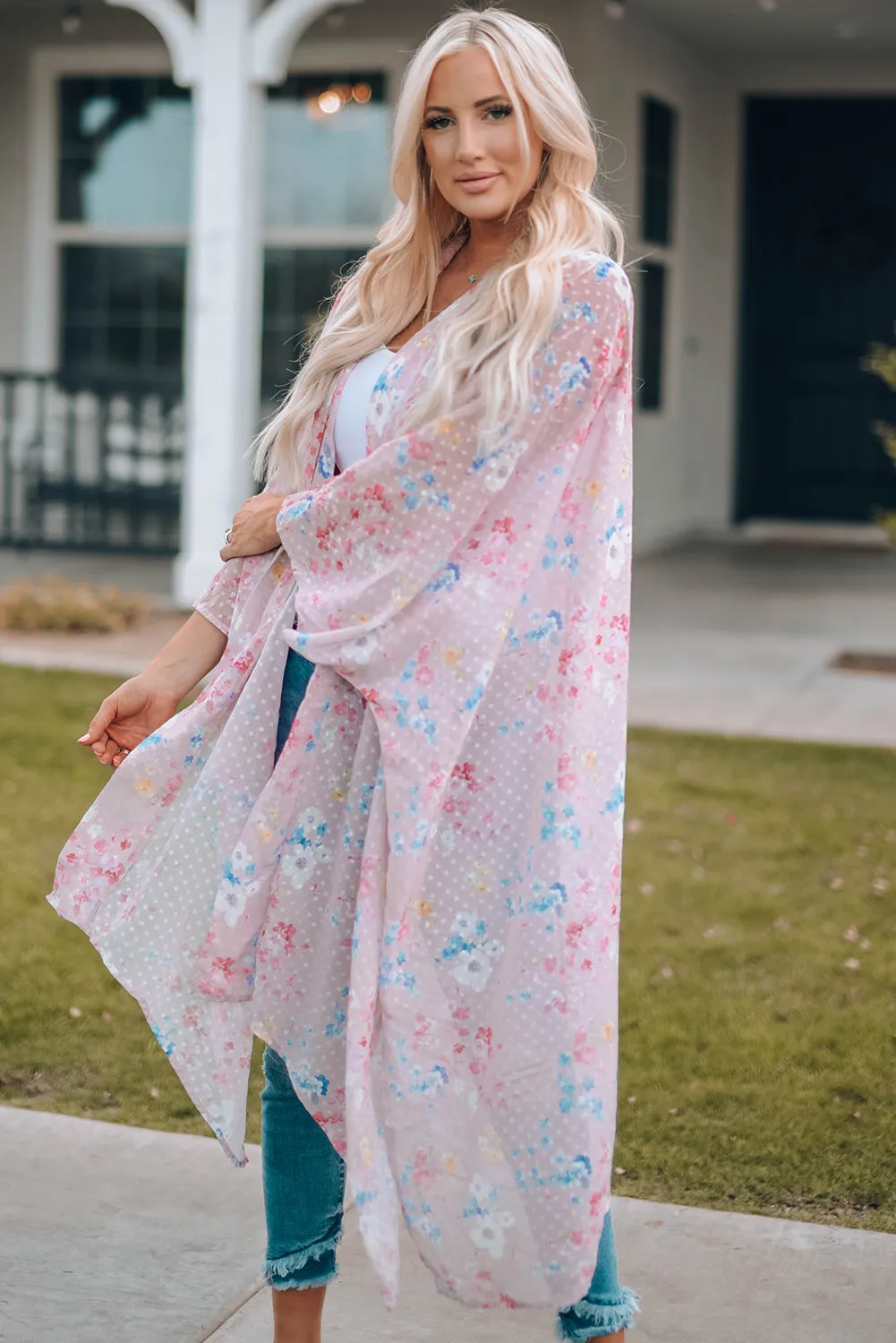 Pink Floral Dot Print Open Front Kimono