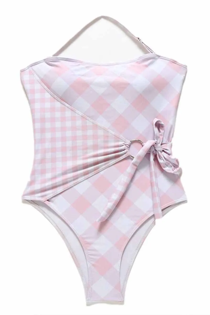 Pink Plaid Print One-piece Swimsuit