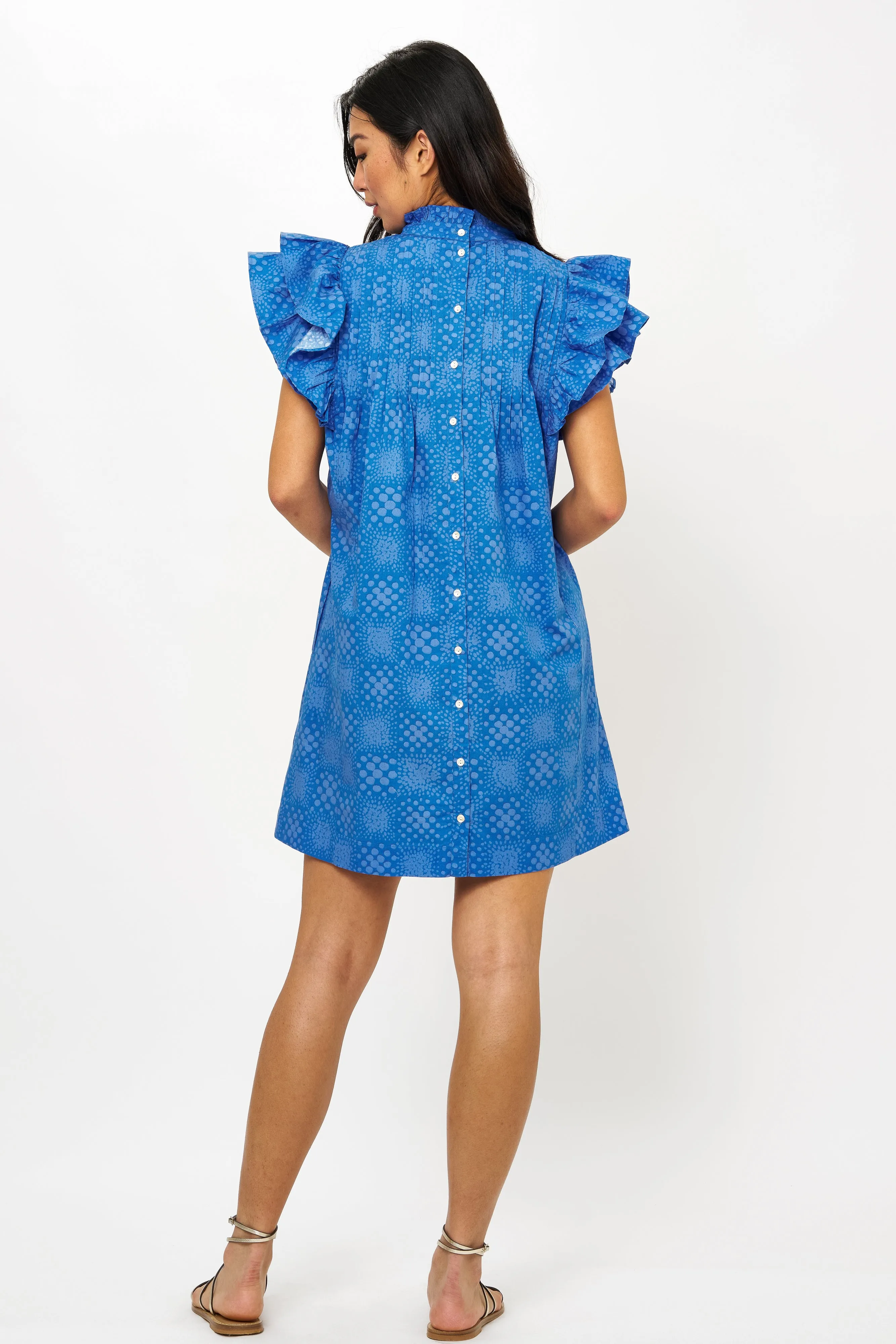 Pintuck Ruffle Mini Dress- Matrix Blue