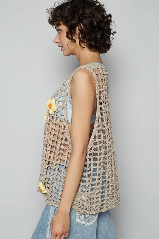 POL Flower Crochet Scoop Neck Sleeveless Knit Cover Up