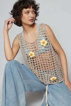 POL Flower Crochet Scoop Neck Sleeveless Knit Cover Up