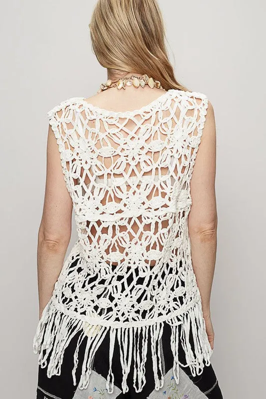 POL Fringe Round Neck Sleeveless Crochet Knit Cover Up