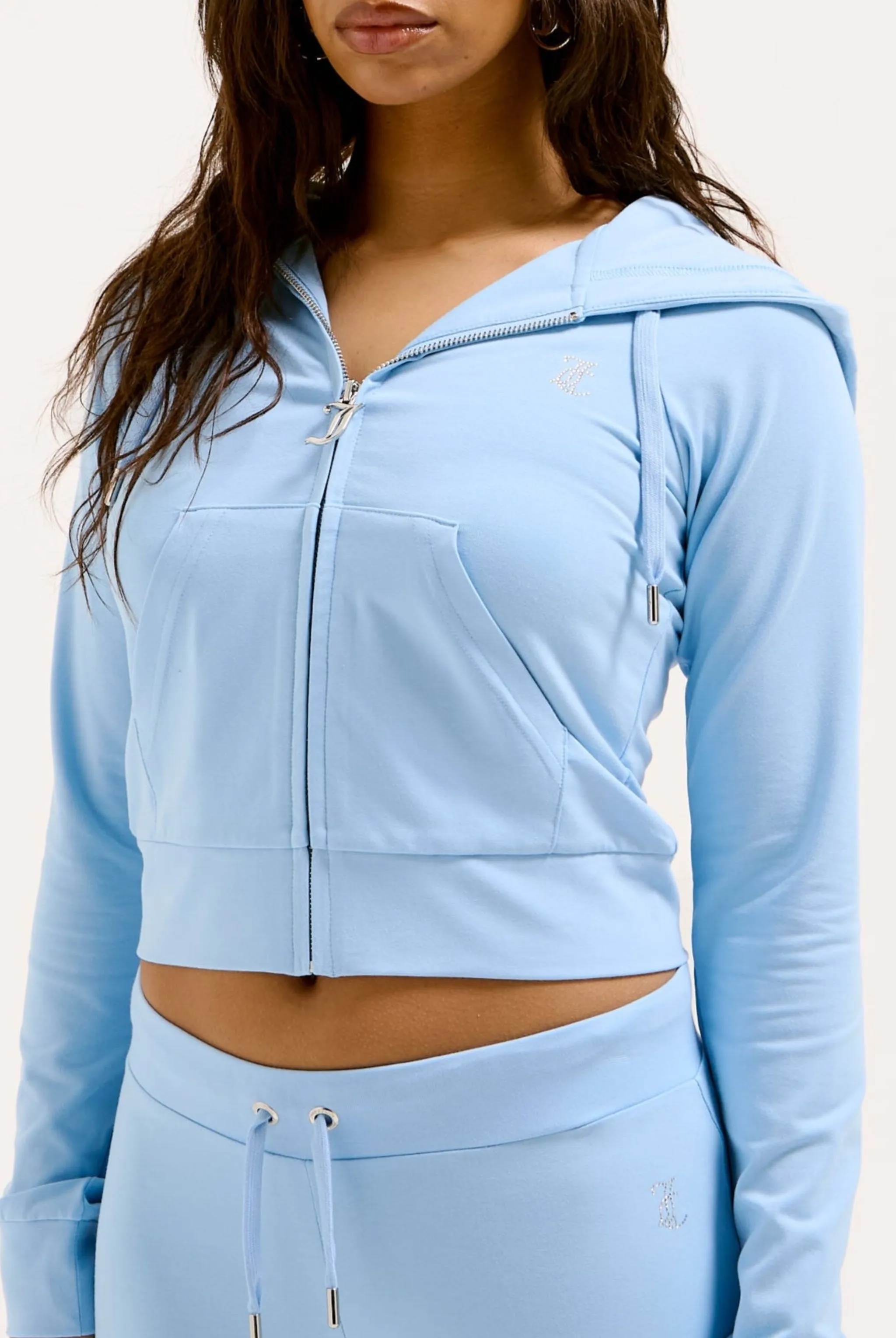POWDER BLUE DIAMANTÉ JERSEY ZIP-THROUGH HOODIE