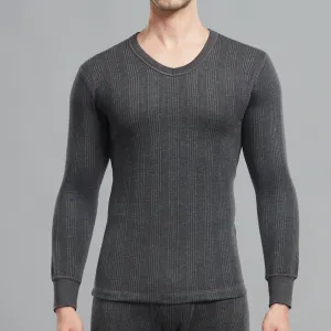Premium Cotton-Polyester Blend Flare Slim Thermal Vest with a V-Neck, Full Sleeves, and Elastane Ribbing - Charcoal