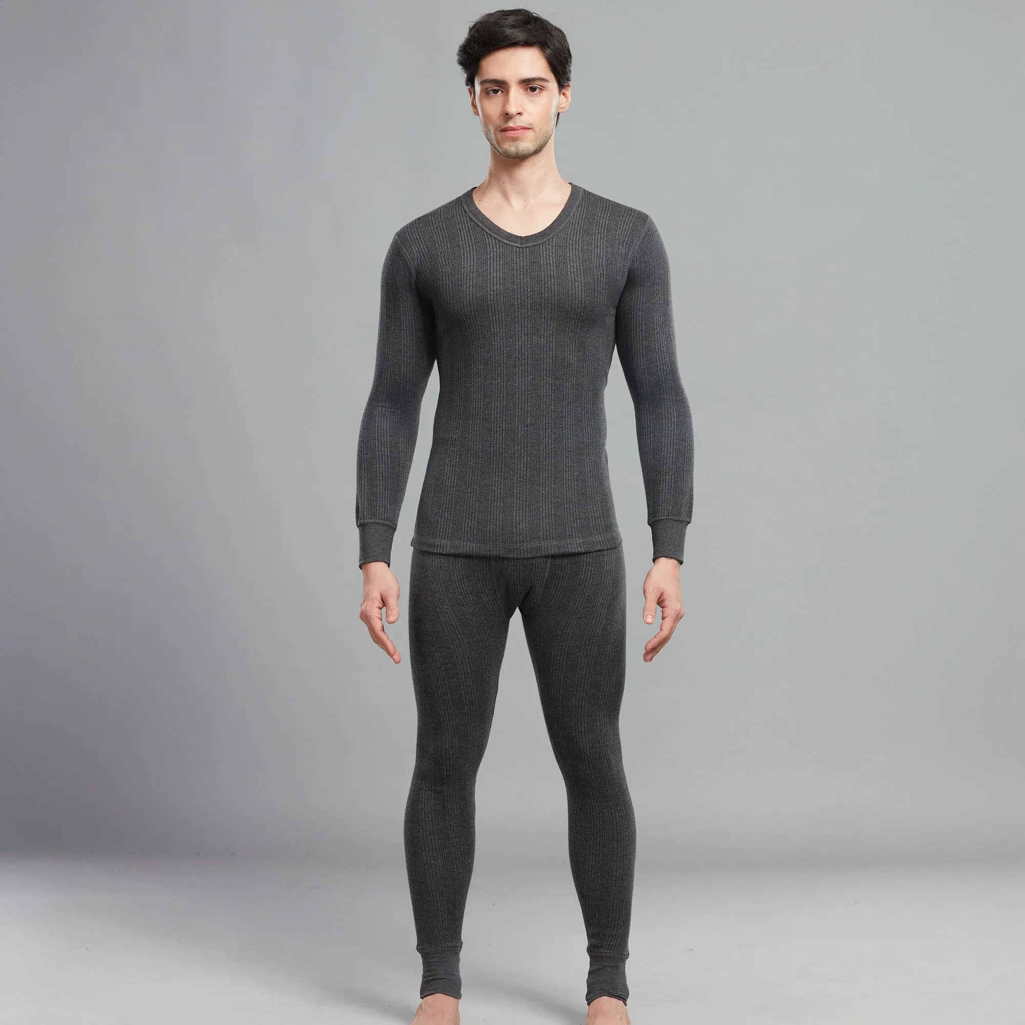 Premium Cotton-Polyester Blend Flare Slim Thermal Vest with a V-Neck, Full Sleeves, and Elastane Ribbing - Charcoal