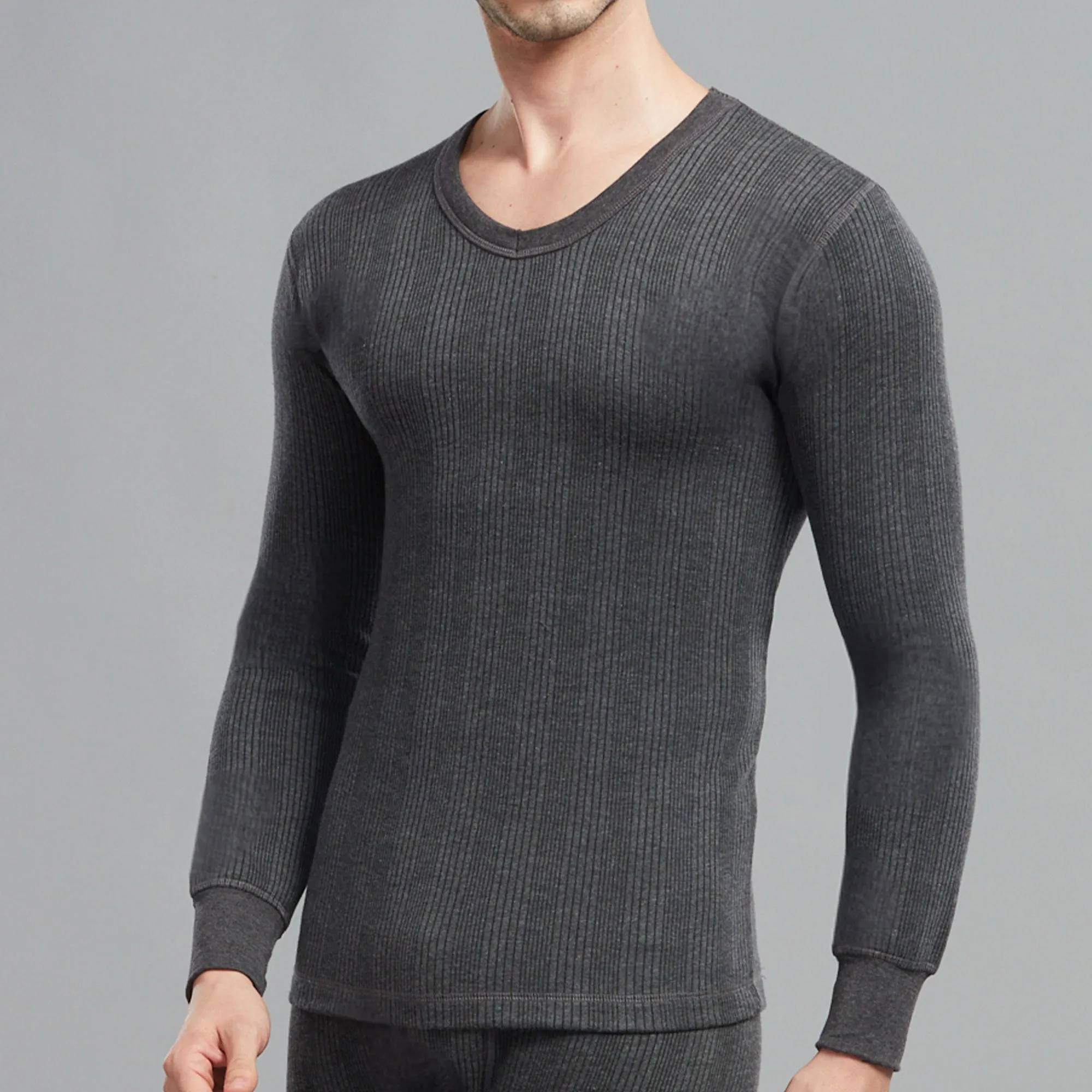 Premium Cotton-Polyester Blend Flare Slim Thermal Vest with a V-Neck, Full Sleeves, and Elastane Ribbing - Charcoal
