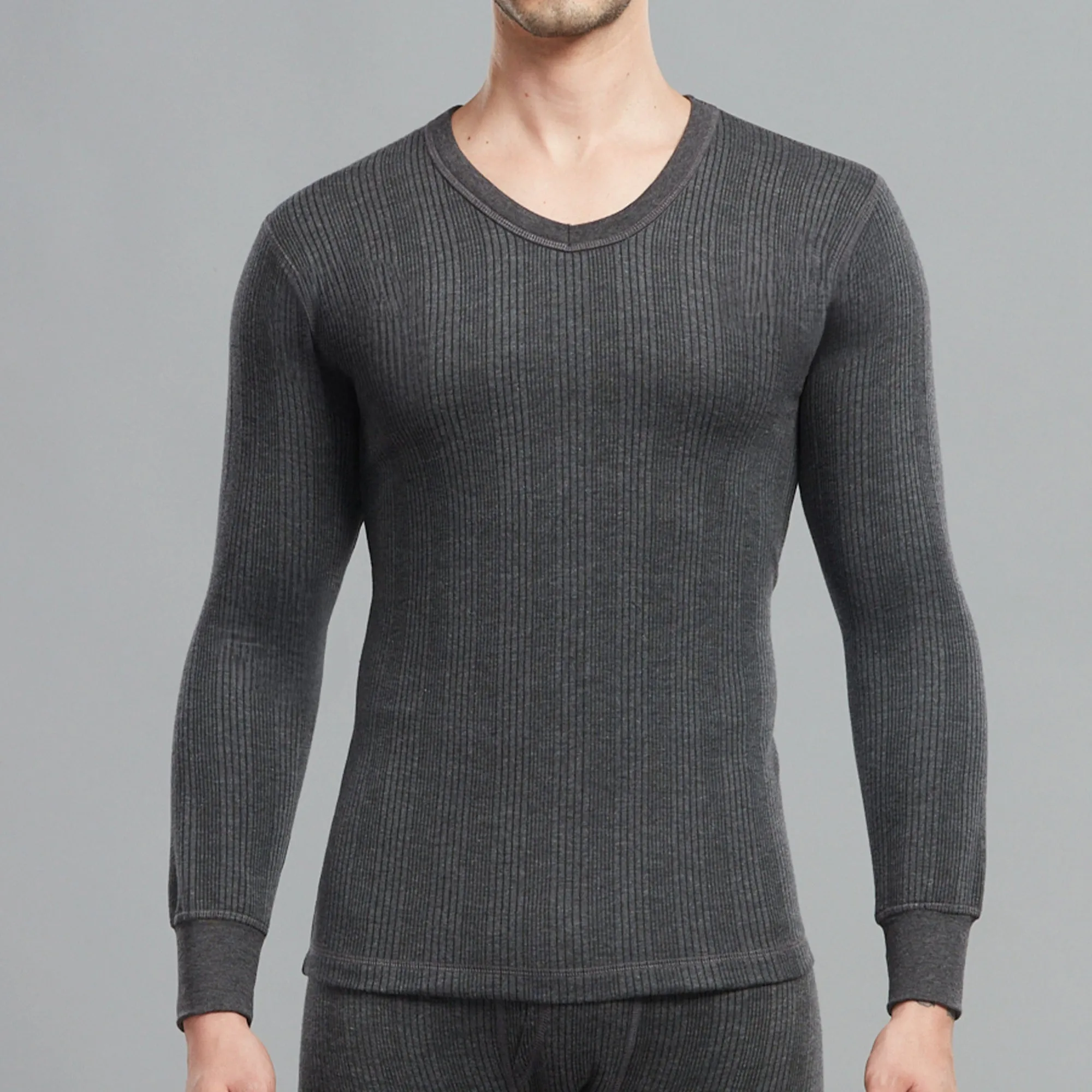 Premium Cotton-Polyester Blend Flare Slim Thermal Vest with a V-Neck, Full Sleeves, and Elastane Ribbing - Charcoal