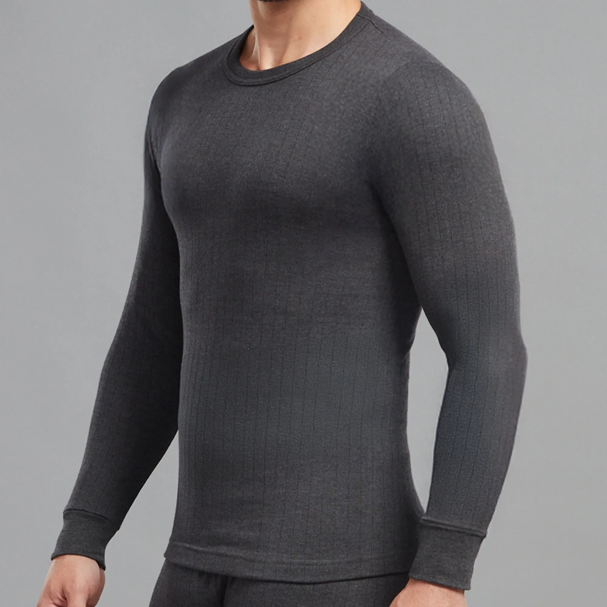 Premium Cotton-Polyester Blend Parka Thermal Vest with a Round Neckline, Slim Fit, Elastane Binding, and Full Sleeves - Charcoal