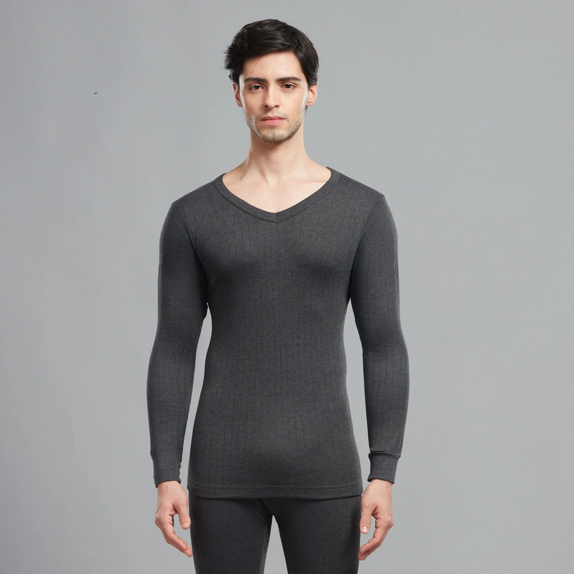 Premium Cotton-Polyester Blend Slim Fit Parka Thermal Vest with a V-Neck, Elastane Ribbing, and Full Sleeves - Charcoal
