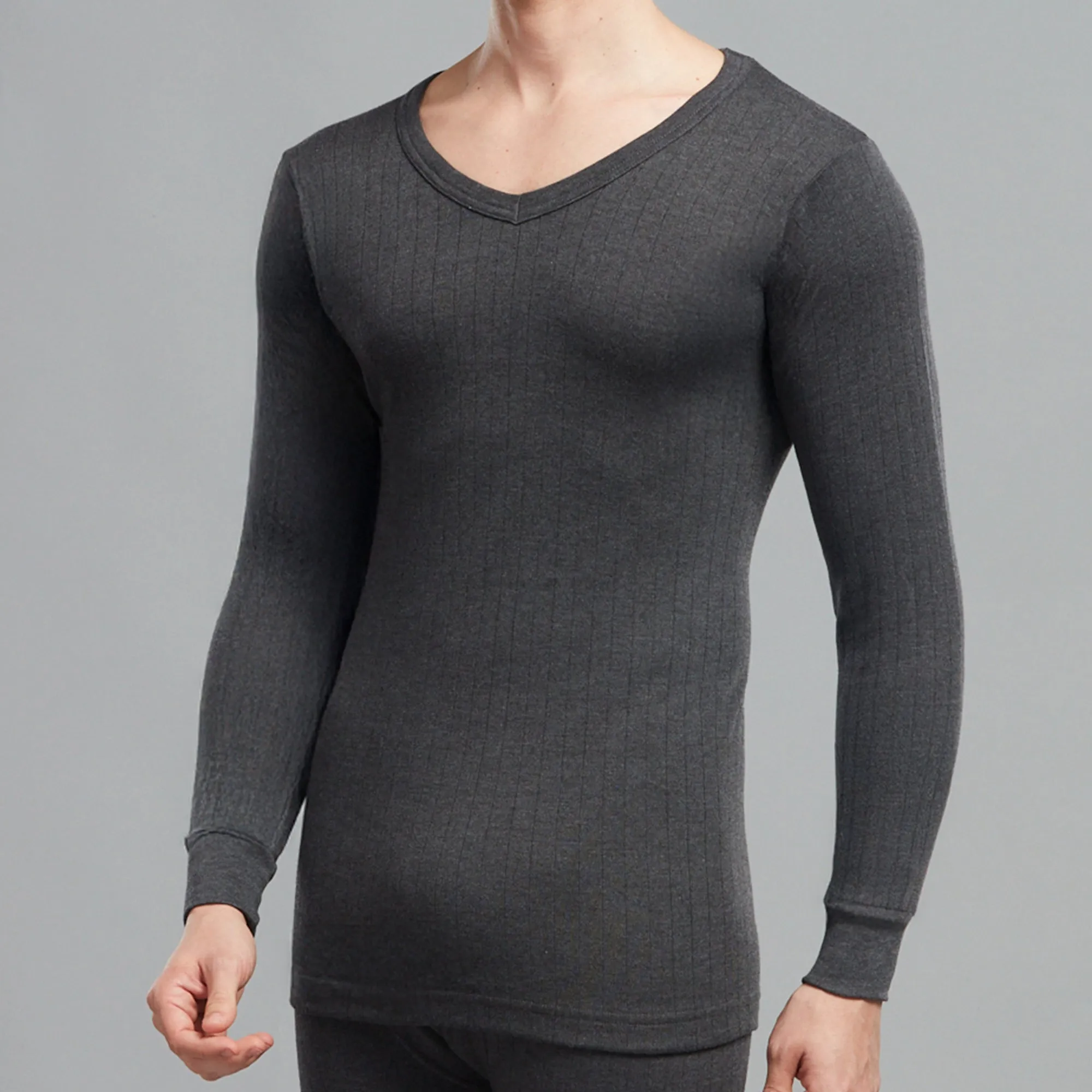 Premium Cotton-Polyester Blend Slim Fit Parka Thermal Vest with a V-Neck, Elastane Ribbing, and Full Sleeves - Charcoal