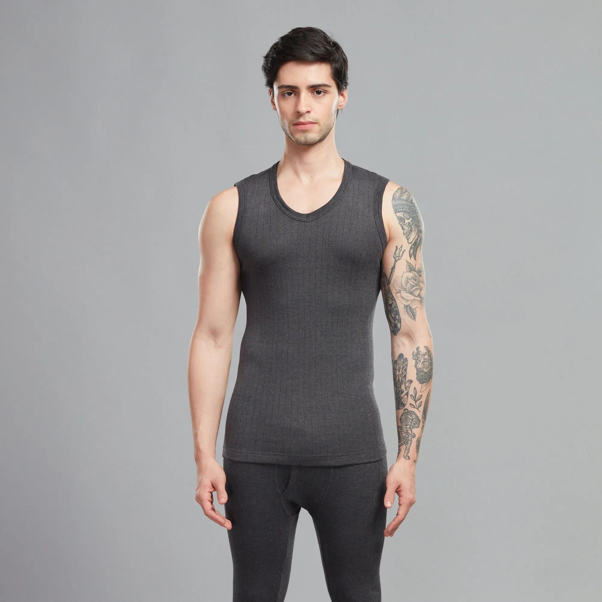 Premium Cotton-Polyester Blend Slim Fit Parka Thermal Vest with a V-Neckline, Sleeveless, and Breathable Feel - Charcoal