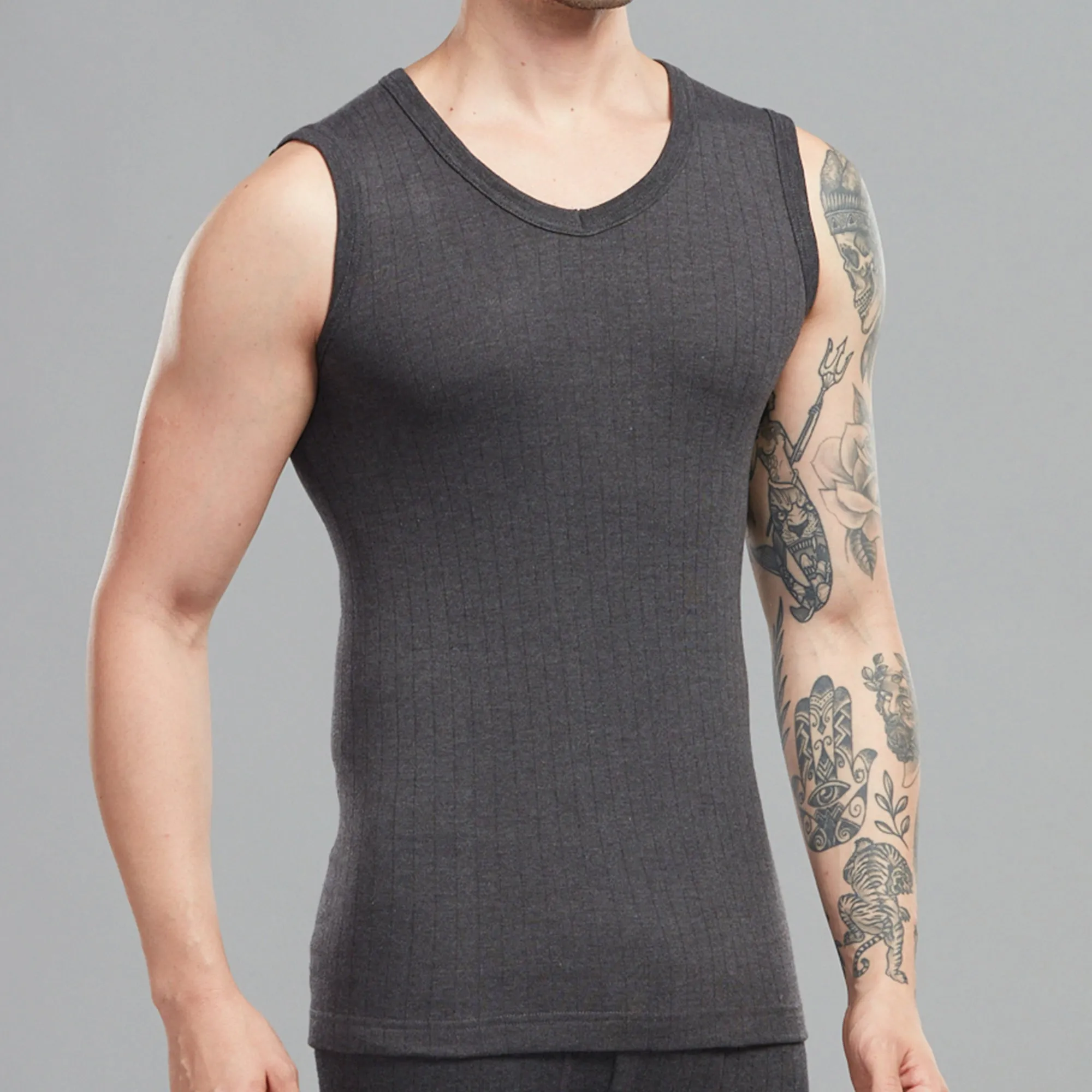 Premium Cotton-Polyester Blend Slim Fit Parka Thermal Vest with a V-Neckline, Sleeveless, and Breathable Feel - Charcoal