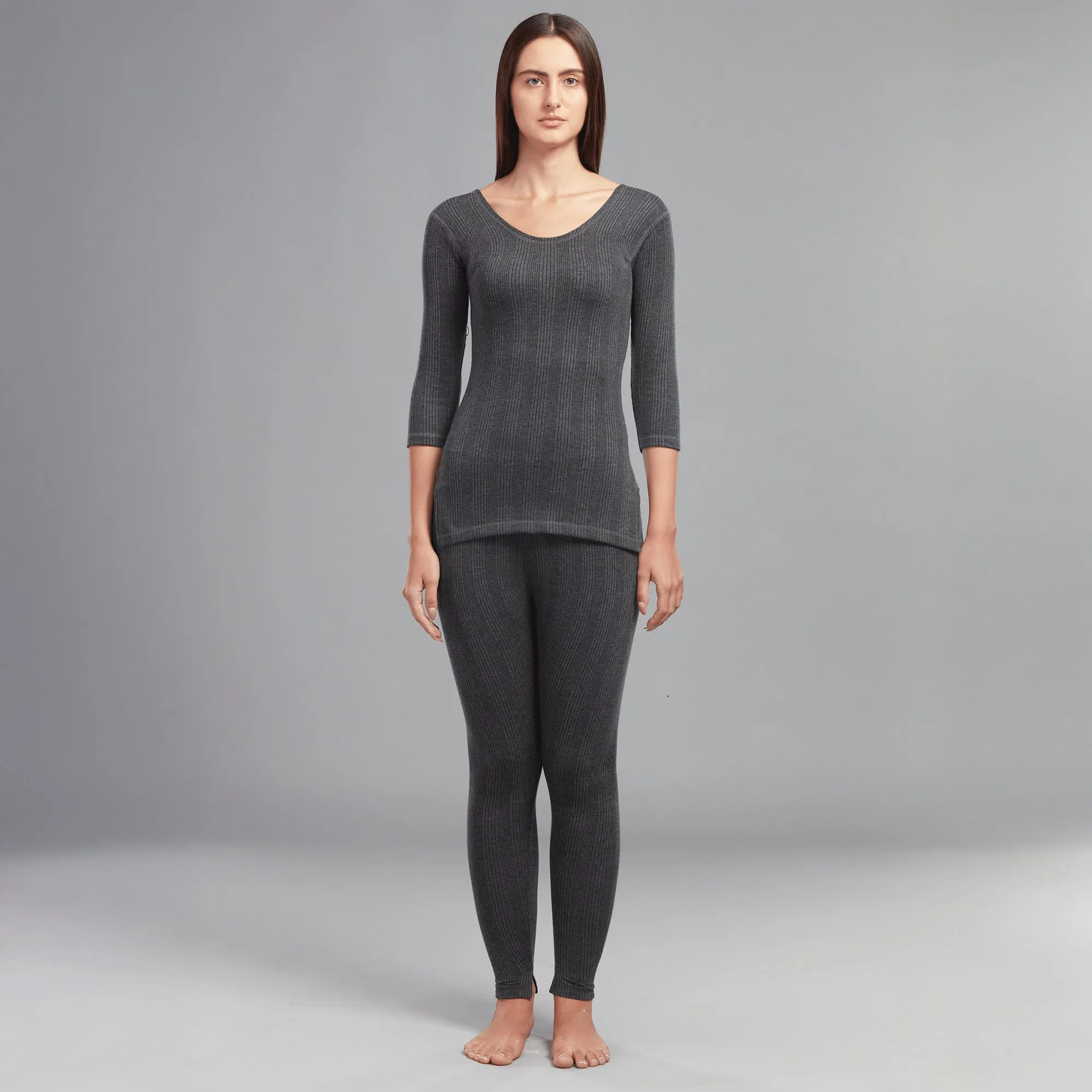 Premium Cotton Polyester Women's Big Thermal Long Trousers with Bottom Cuffs and Slits - Charcoal