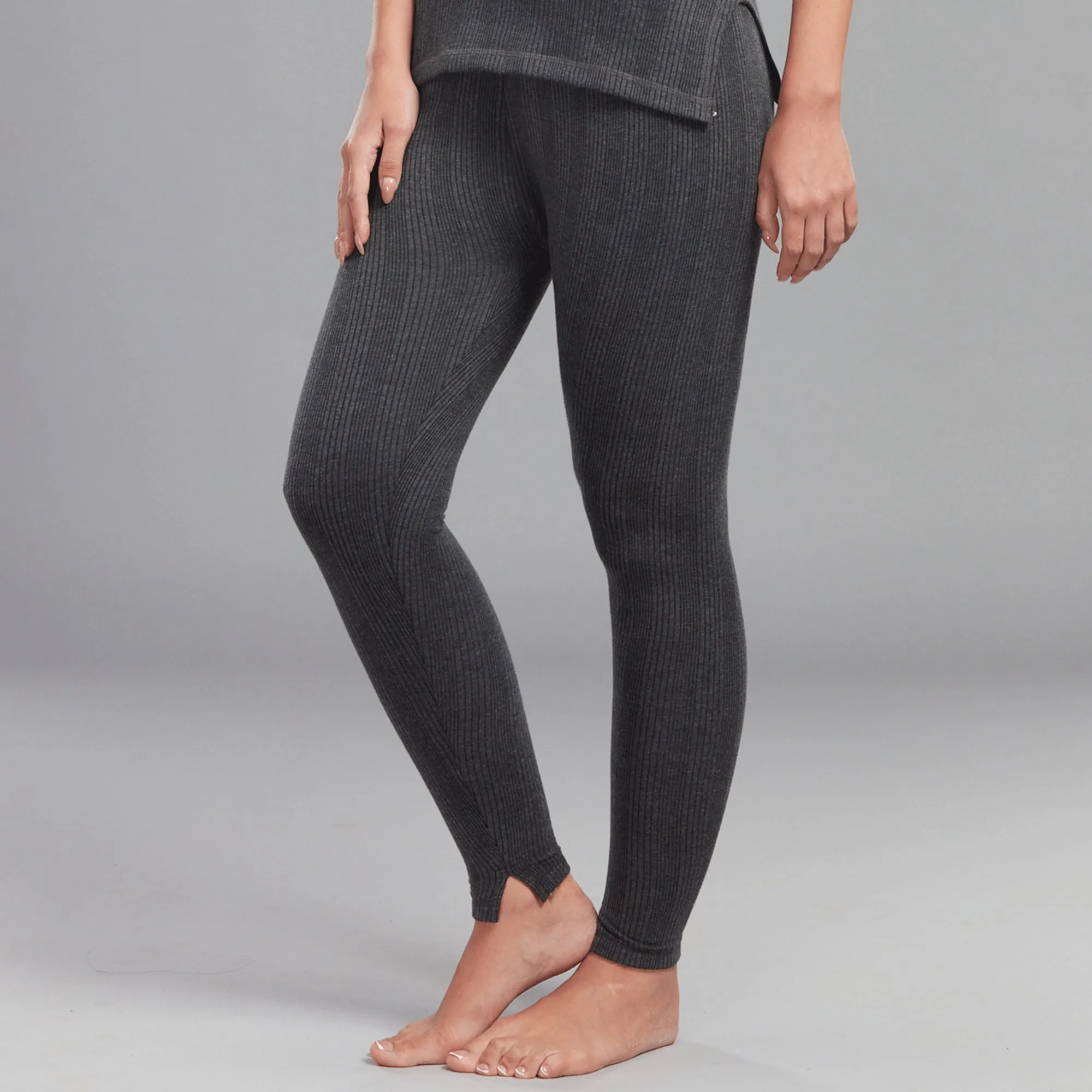 Premium Cotton Polyester Women's Big Thermal Long Trousers with Bottom Cuffs and Slits - Charcoal