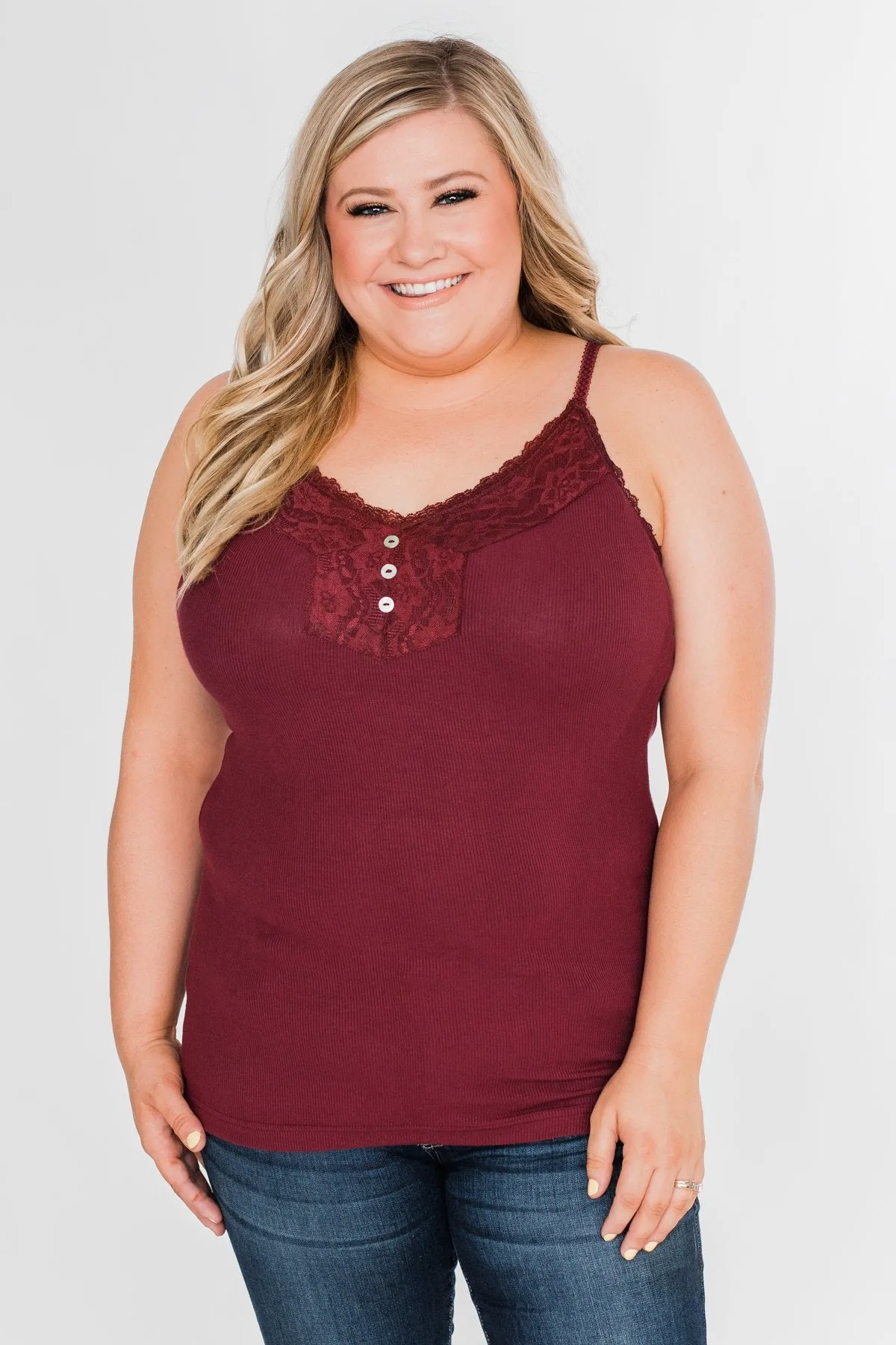 Pulse Basics Lace Trim Button Tank- Burgundy