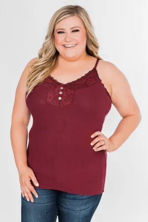 Pulse Basics Lace Trim Button Tank- Burgundy