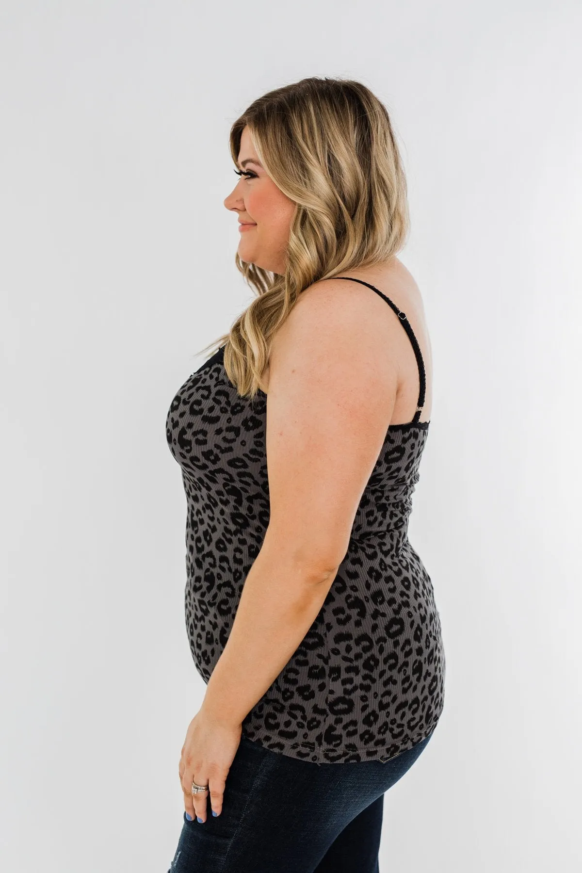 Pulse Basics Lace Trim Button Tank- Charcoal Leopard