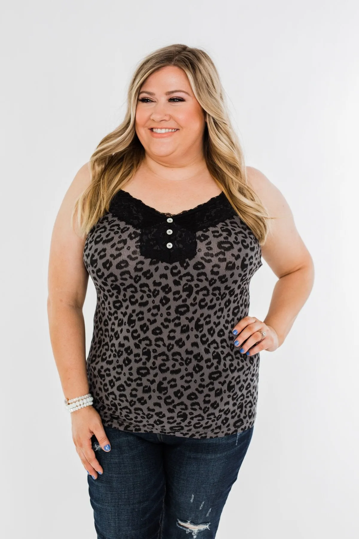Pulse Basics Lace Trim Button Tank- Charcoal Leopard