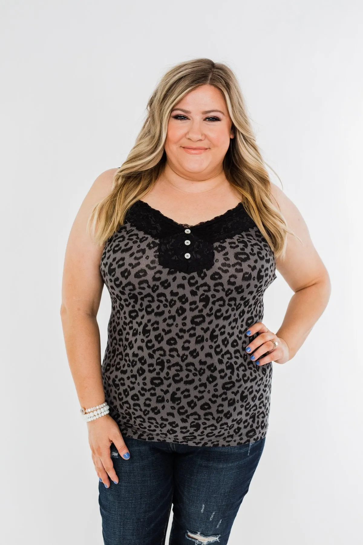 Pulse Basics Lace Trim Button Tank- Charcoal Leopard