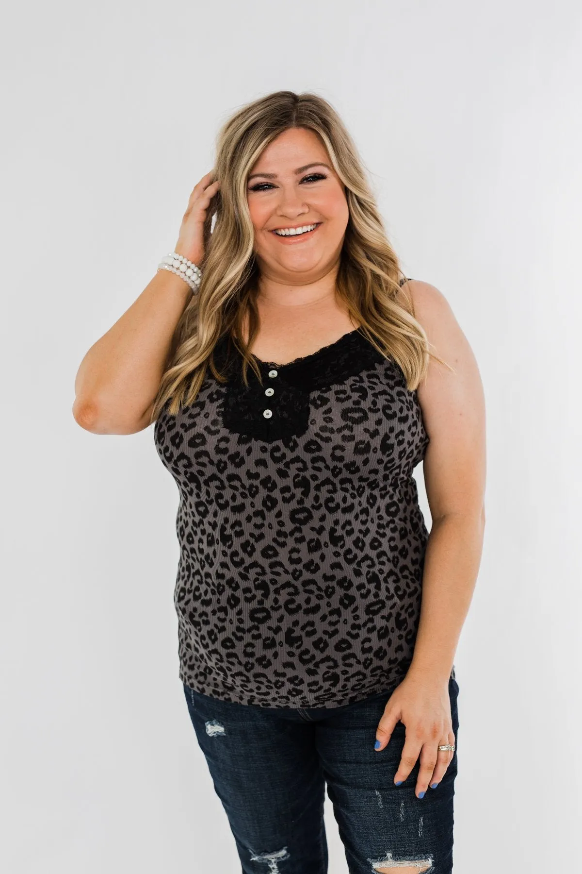 Pulse Basics Lace Trim Button Tank- Charcoal Leopard