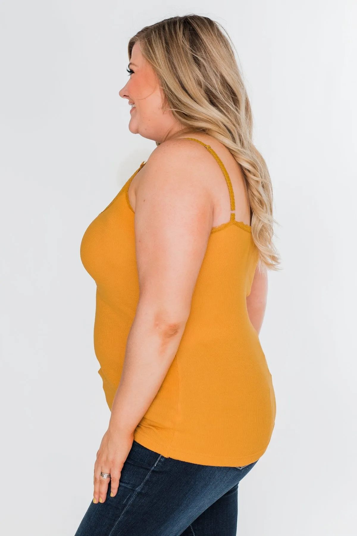 Pulse Basics Lace Trim Button Tank- Mustard