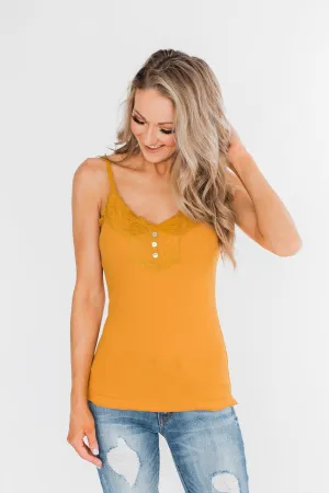 Pulse Basics Lace Trim Button Tank- Mustard
