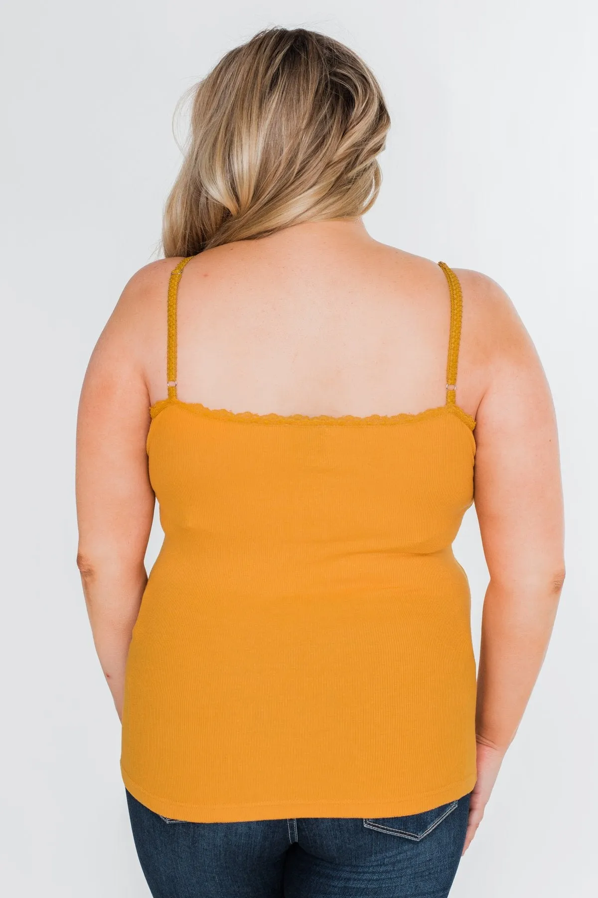 Pulse Basics Lace Trim Button Tank- Mustard