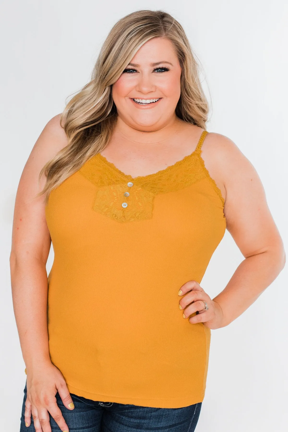 Pulse Basics Lace Trim Button Tank- Mustard