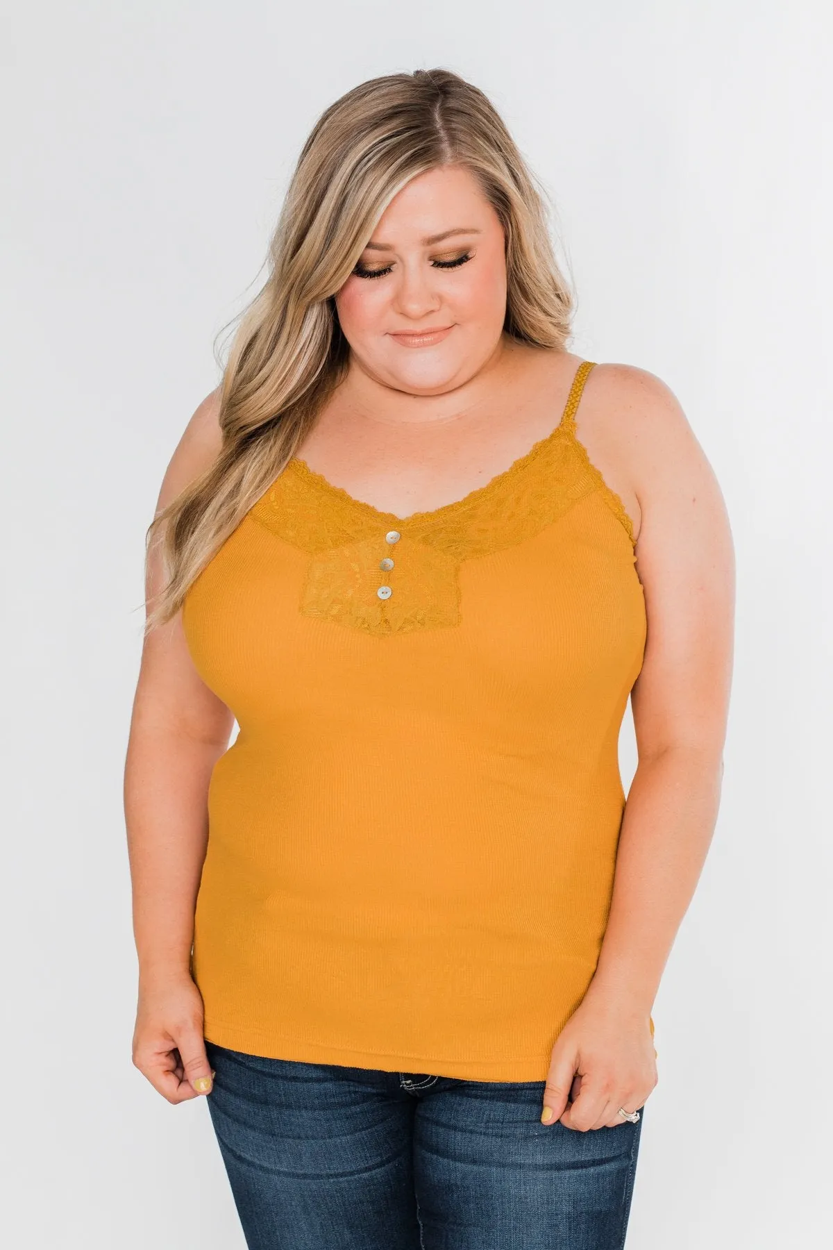 Pulse Basics Lace Trim Button Tank- Mustard