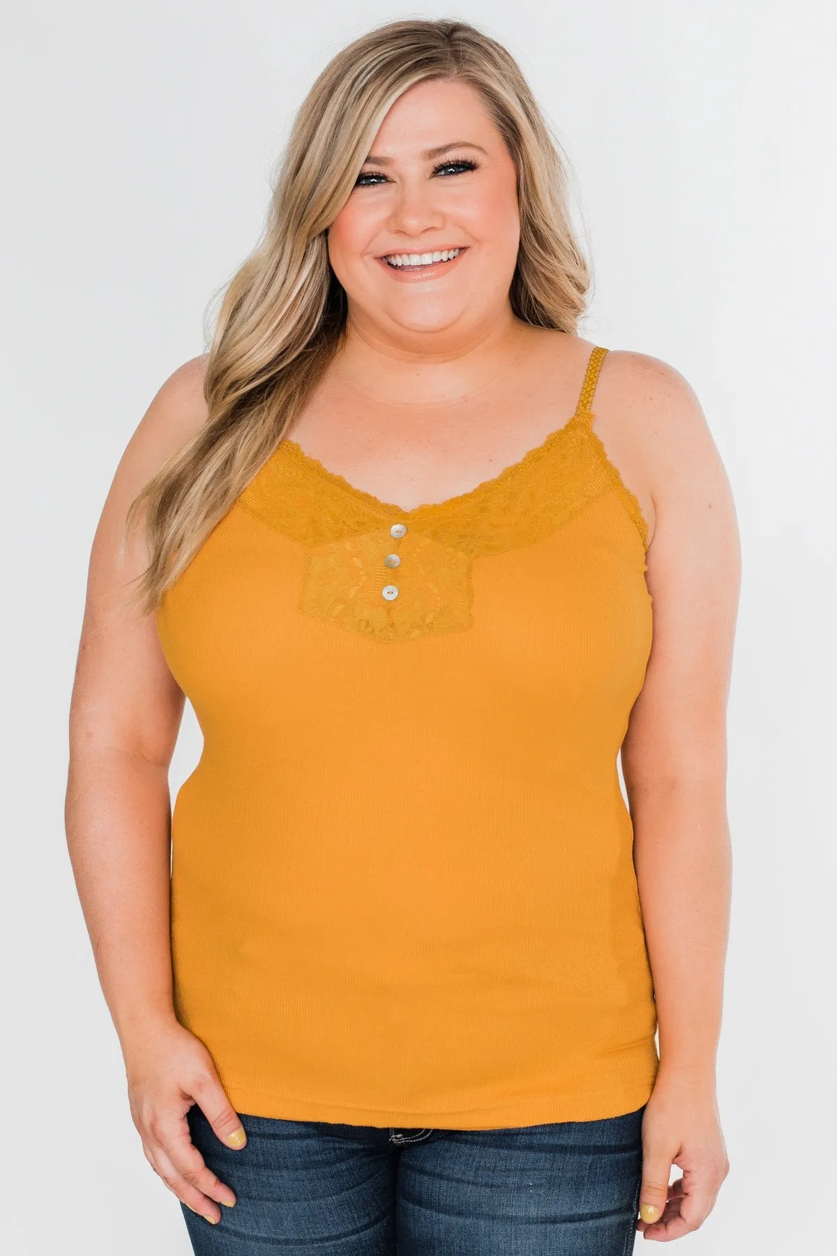 Pulse Basics Lace Trim Button Tank- Mustard