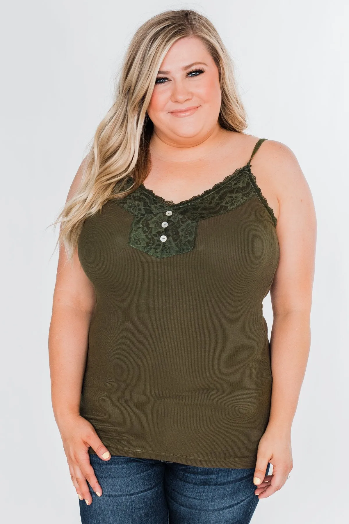 Pulse Basics Lace Trim Button Tank- Olive