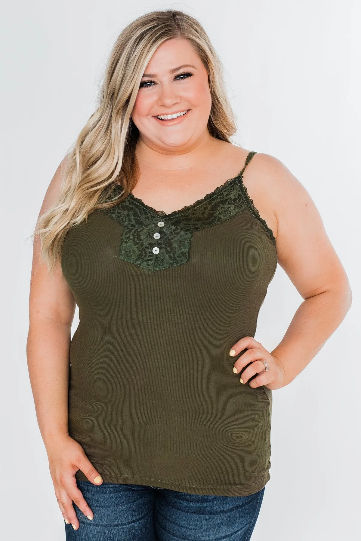 Pulse Basics Lace Trim Button Tank- Olive