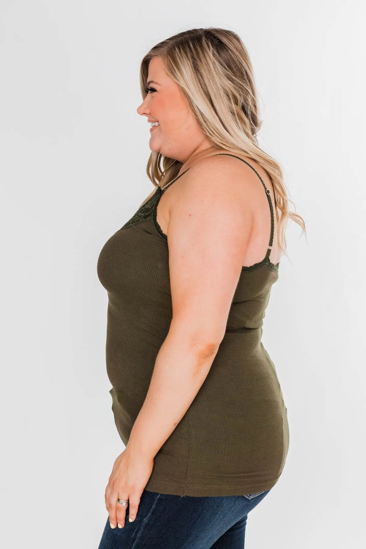 Pulse Basics Lace Trim Button Tank- Olive