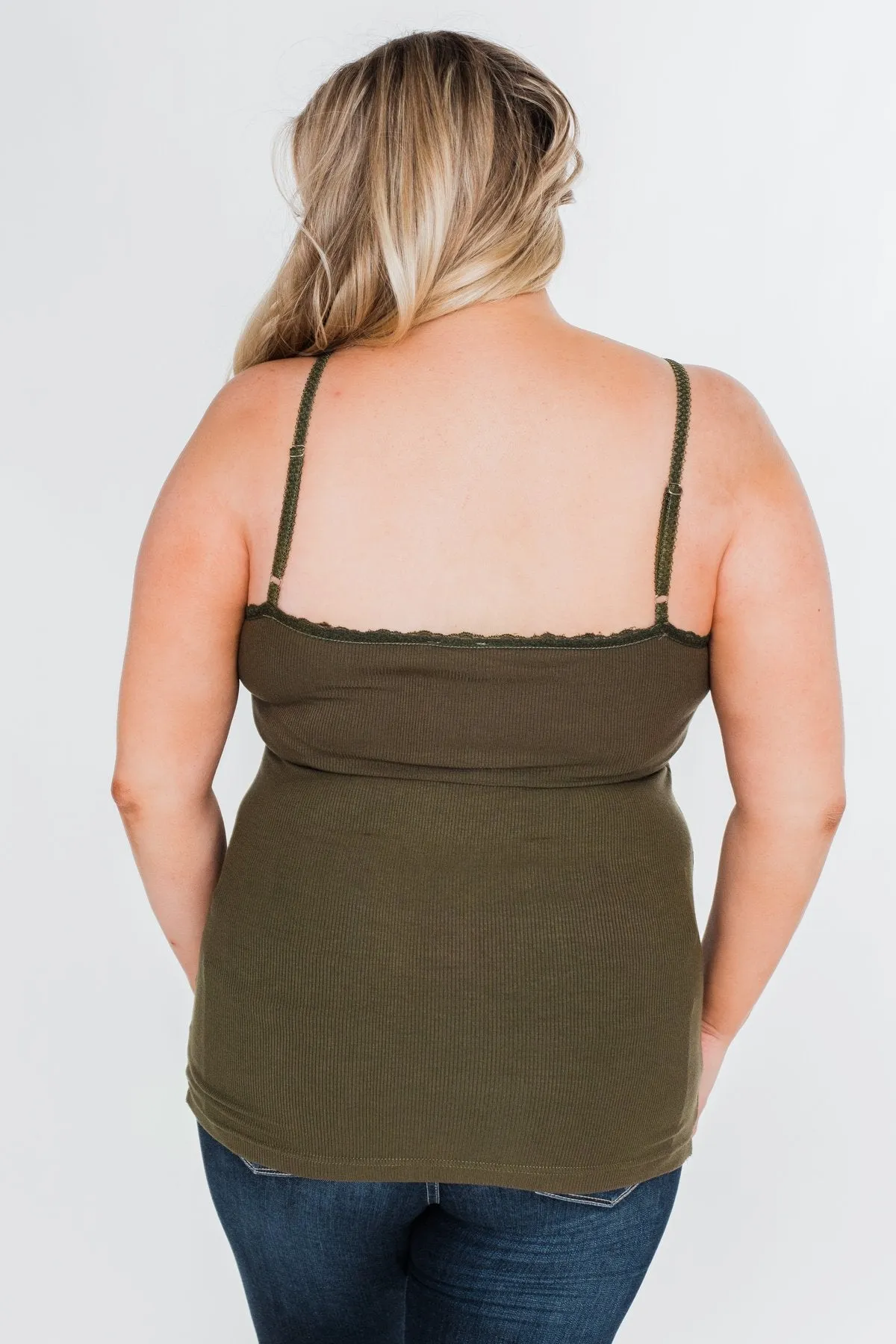 Pulse Basics Lace Trim Button Tank- Olive