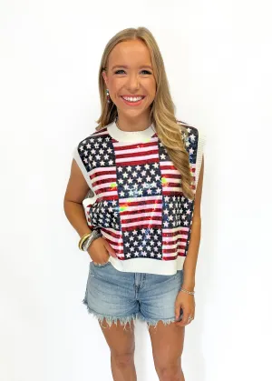 Queen of Sparkles Full Sequin Stars & Stripes Sweater Vest
