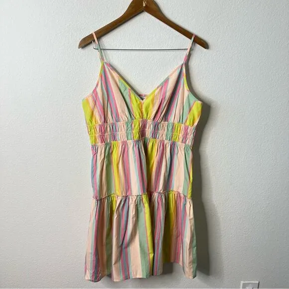 Rails Carmen Guava Multi Stripe Sleeveless Poplin Mini Dress Smocked Womens XL