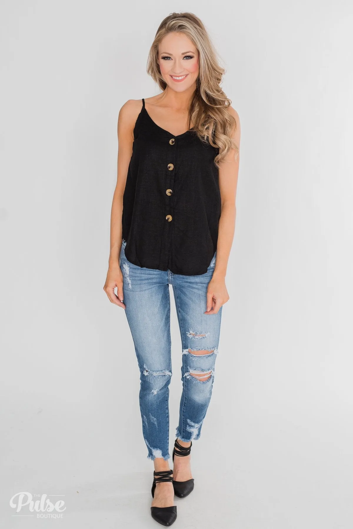 Right This Way Button Tank Top- Black