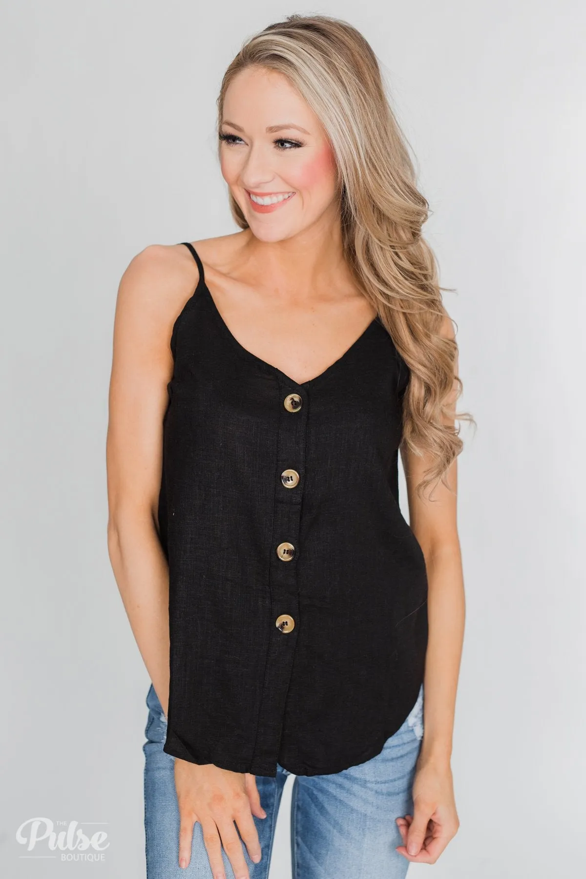 Right This Way Button Tank Top- Black