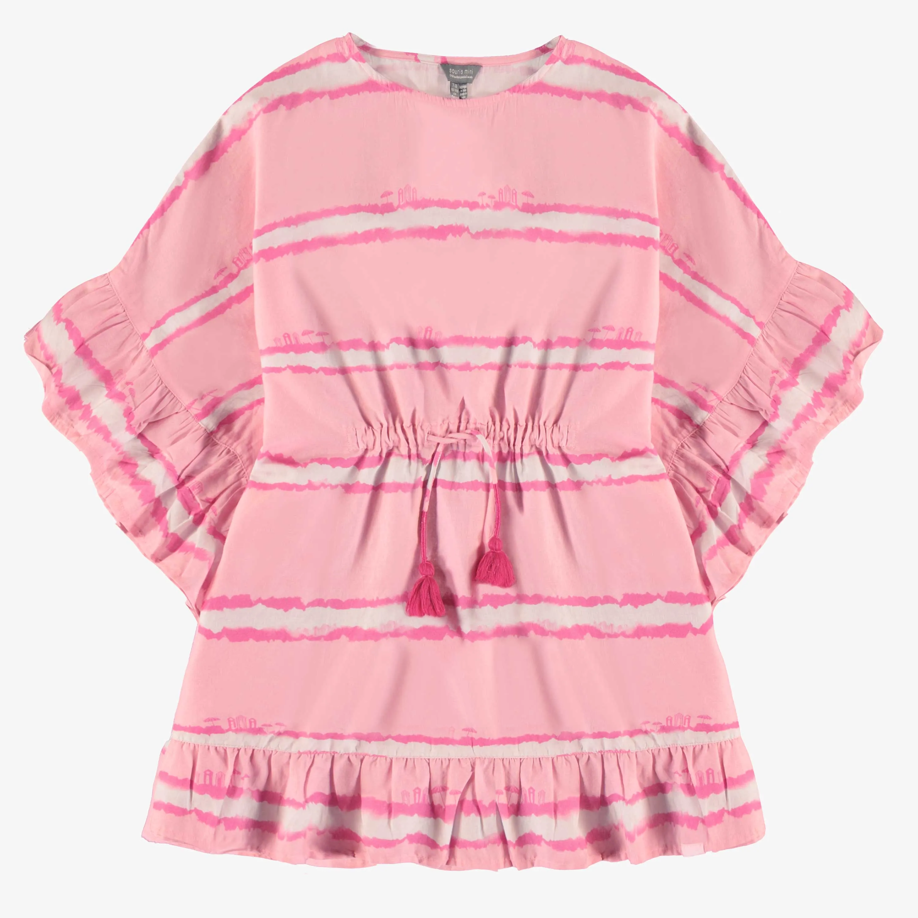 Robe de bain rose avec rayures et volants en voile de coton, enfant || Pink bathing dress with stripes and ruffles in cotton veil, child