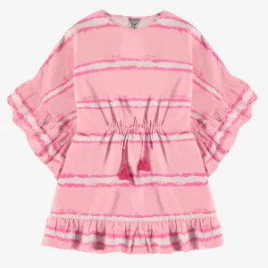 Robe de bain rose avec rayures et volants en voile de coton, enfant || Pink bathing dress with stripes and ruffles in cotton veil, child