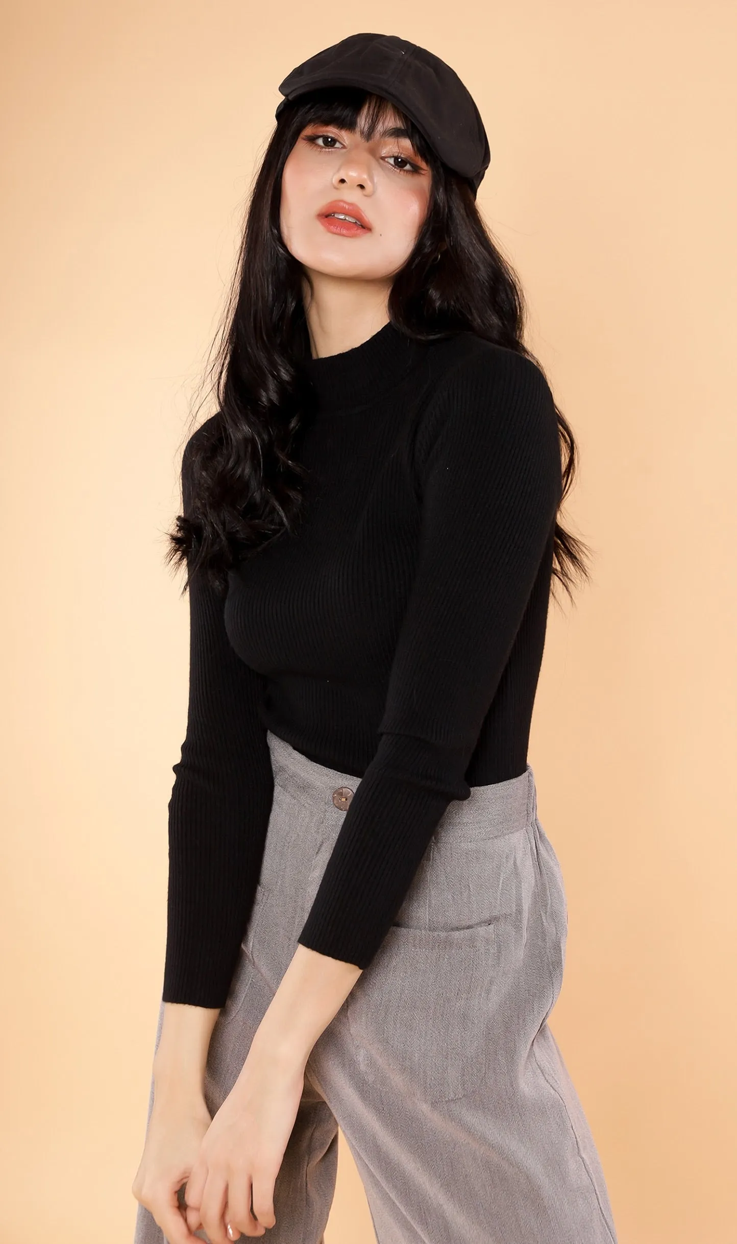 ROUX Mock-Neck Long-Sleeve Knit Top (Black)