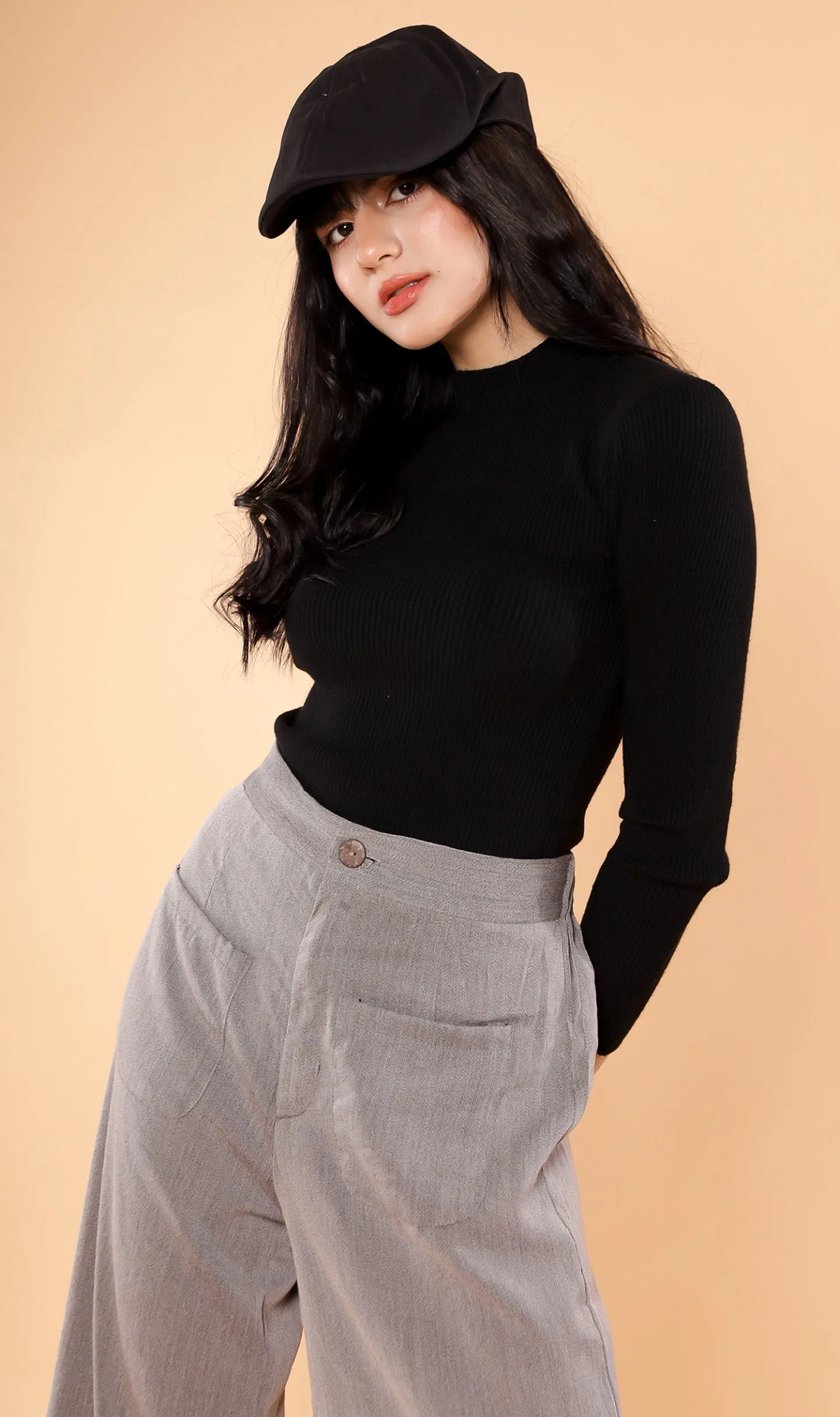 ROUX Mock-Neck Long-Sleeve Knit Top (Black)