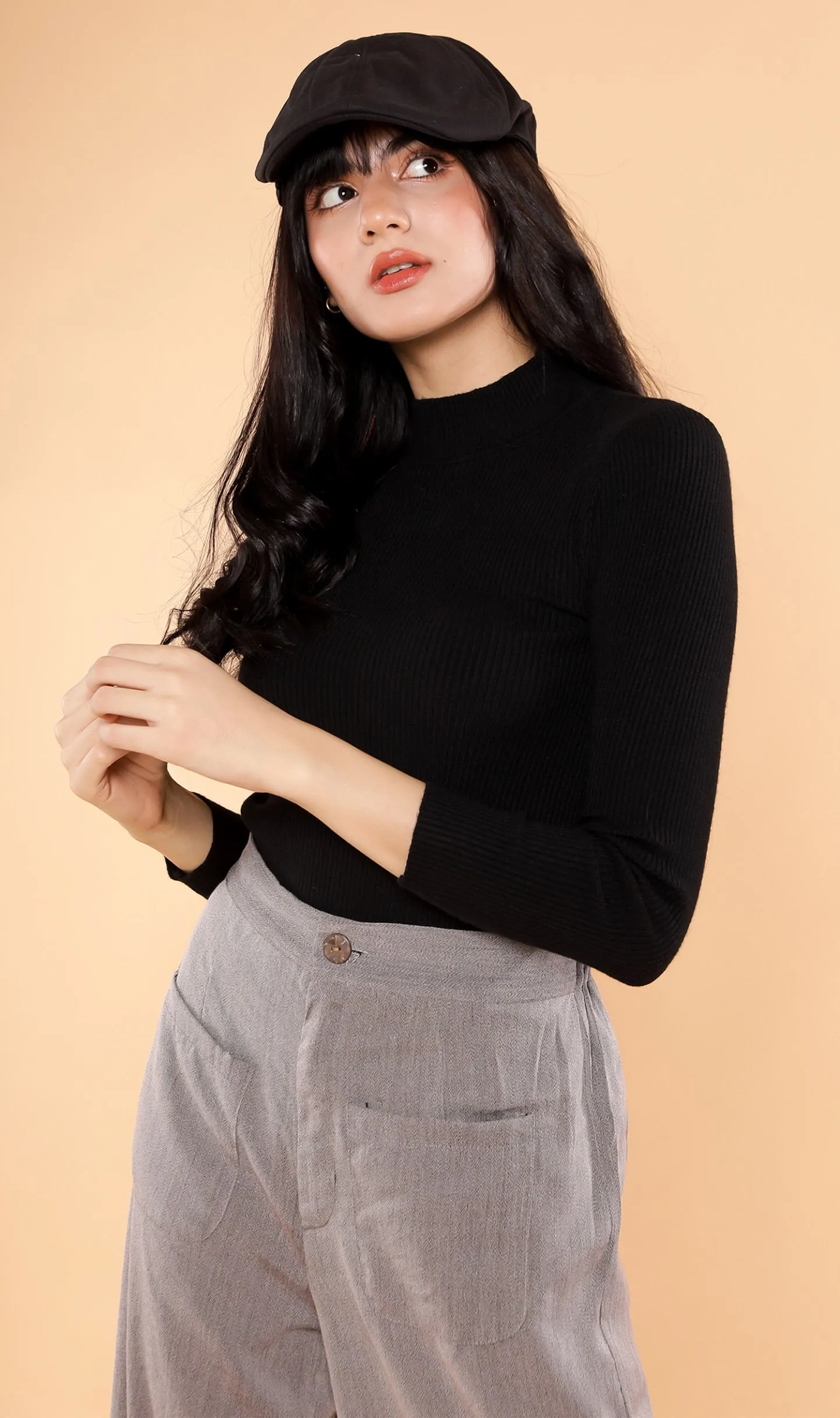 ROUX Mock-Neck Long-Sleeve Knit Top (Black)