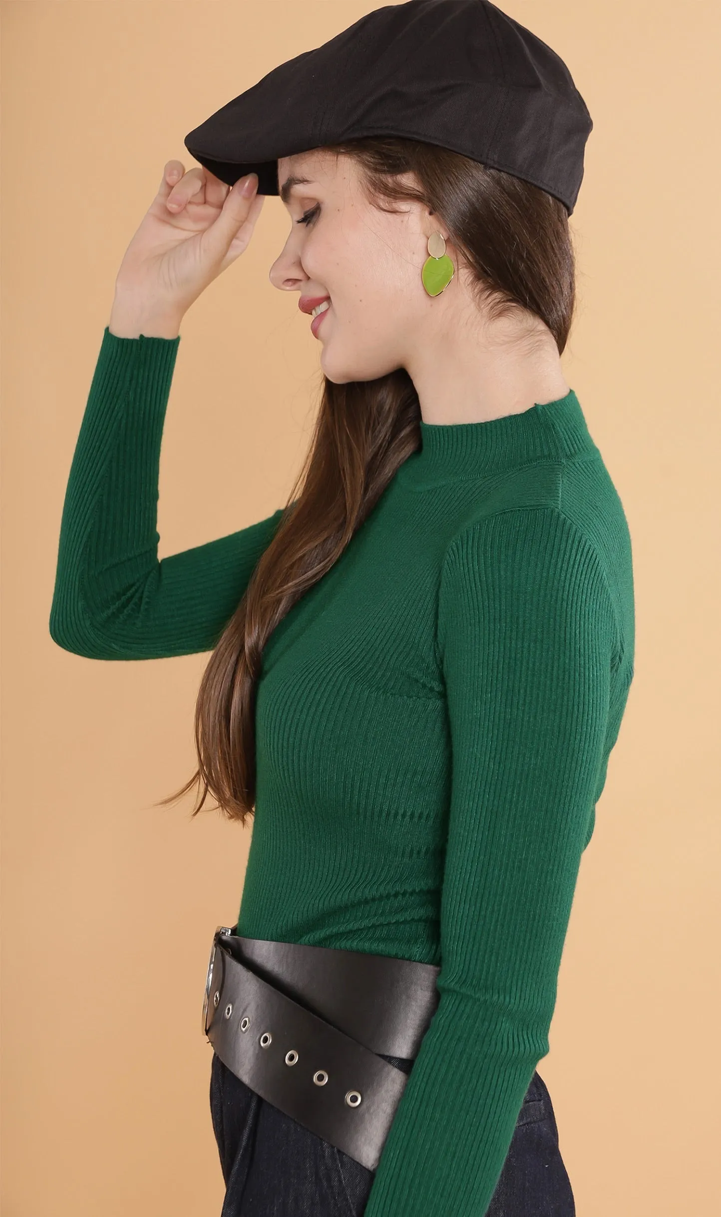 ROUX Mock-Neck Long-Sleeve Knit Top (Pine)