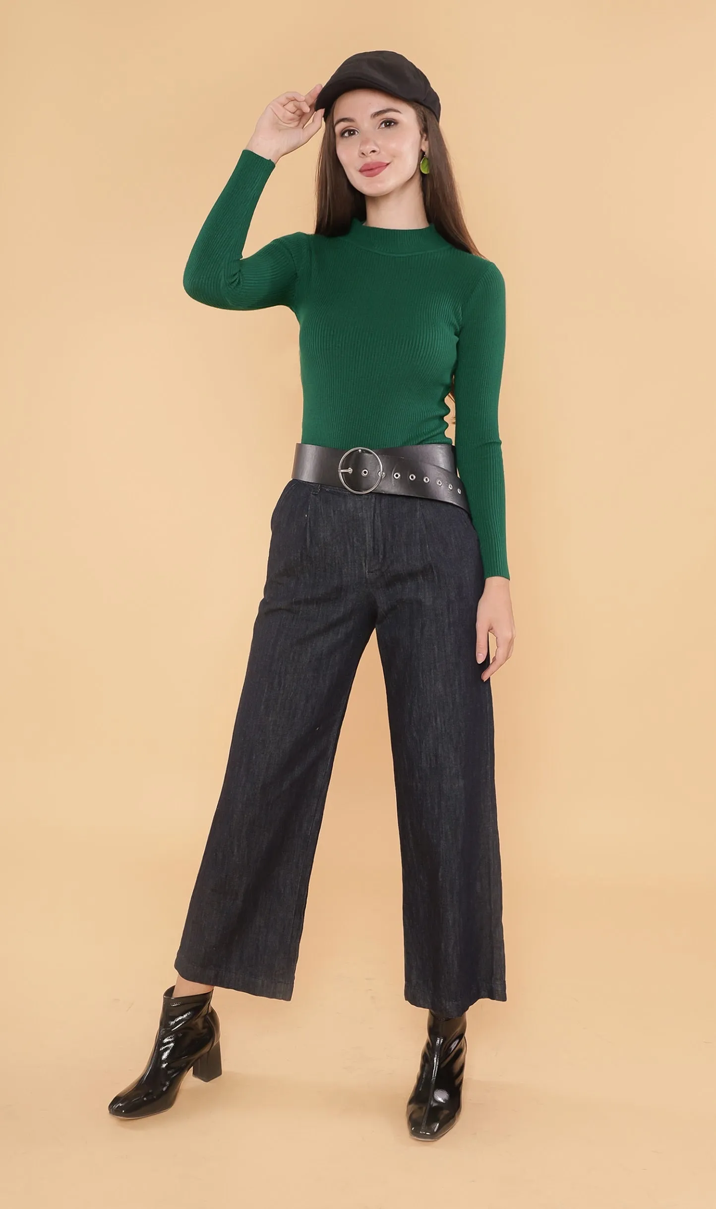 ROUX Mock-Neck Long-Sleeve Knit Top (Pine)