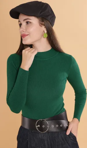 ROUX Mock-Neck Long-Sleeve Knit Top (Pine)