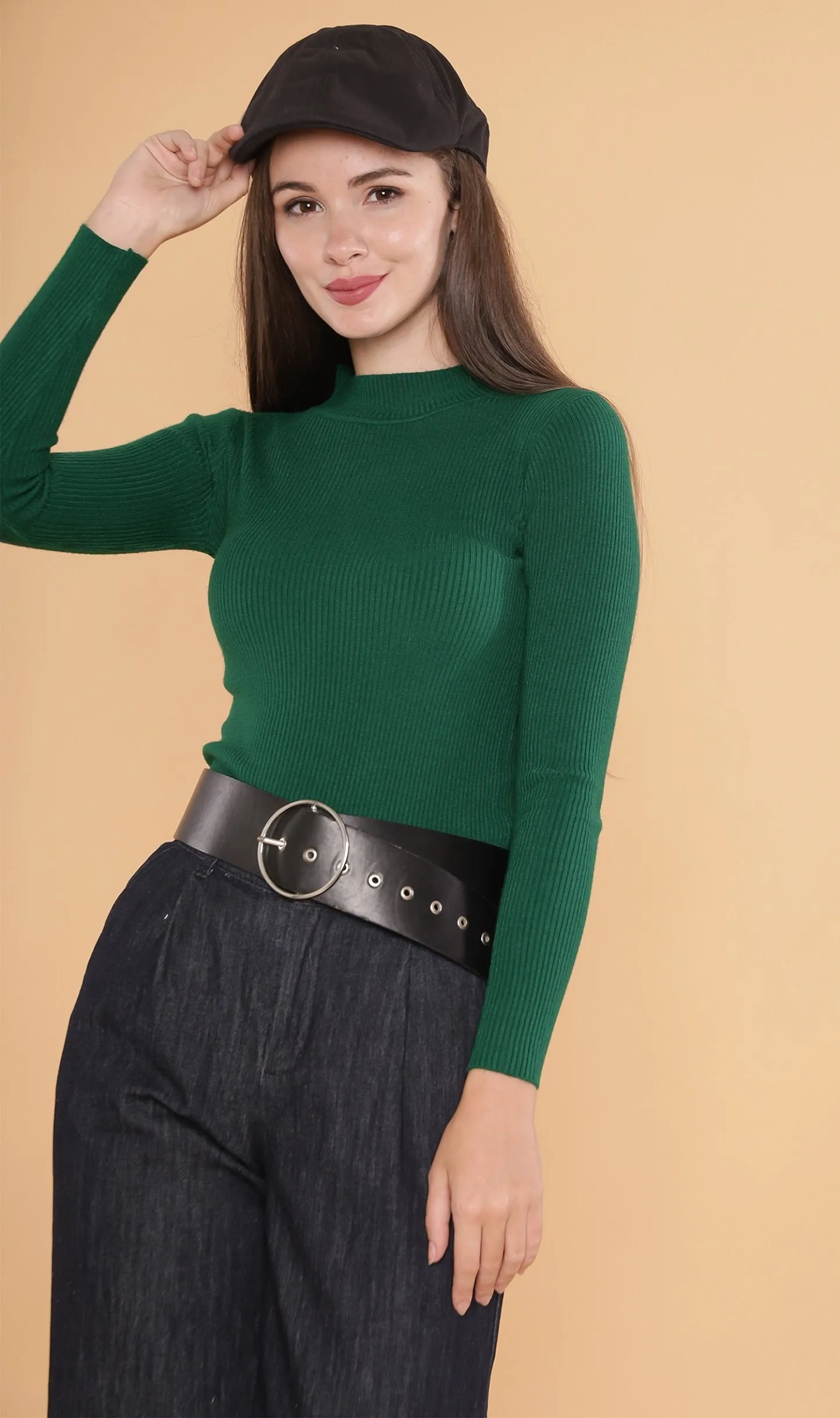 ROUX Mock-Neck Long-Sleeve Knit Top (Pine)