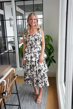 Sadie Printed Poplin Midi Dress, Ivory/Black