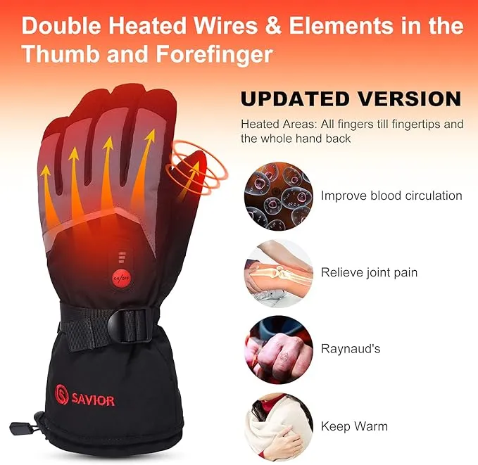 SAVIOR HEAT Heated Gloves Electric Rechargeable Battery Men Women 7.4V Heating Gloves Ski Motorcycle Work Snowboarding Hunting Hiking Camping Walking Arthritis Hands